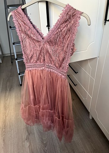 Abiye Dantel Detaylı Bohem Pembe Midi Elbise