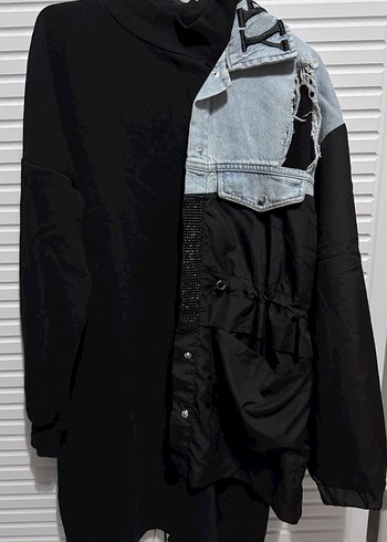 Diğer Asimetrik Siyah Denim Detayli Uzun Tunik