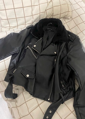 Siyah Kürklü Biker Deri Ceket