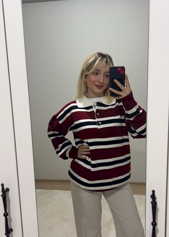 Bordo Çizgili Örgü Uzun Kollu Triko - Görsel 2