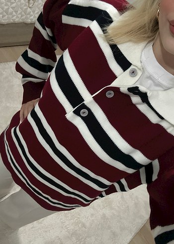 Bordo Çizgili Örgü Uzun Kollu Triko - Görsel 4