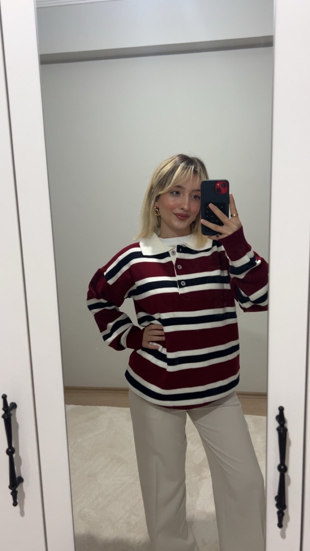 Bordo Çizgili Örgü Uzun Kollu Triko - Görsel 2