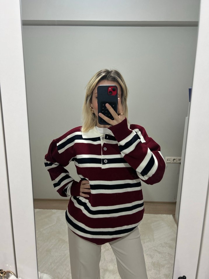 Bordo Çizgili Örgü Uzun Kollu Triko - Görsel 3