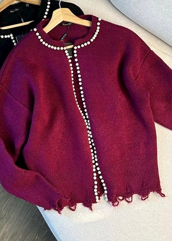 Bordo Düğmeli Uzun Kollu Triko Hırka - Görsel 2