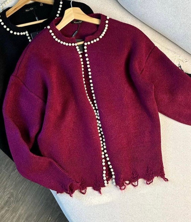 Bordo Düğmeli Uzun Kollu Triko Hırka - Görsel 2