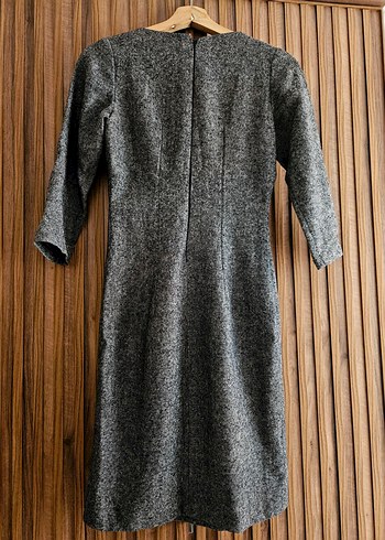 Gri Pliseli Kadın Triko Elbise Vintage Retro - Görsel 2