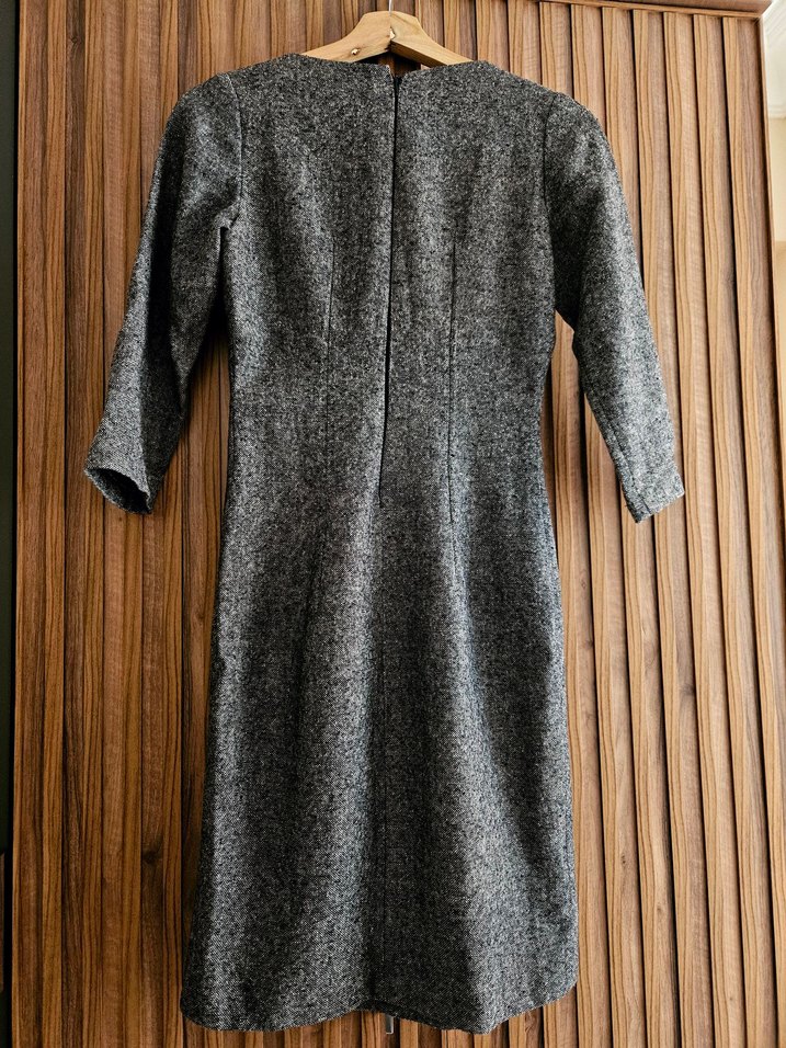 Gri Pliseli Kadın Triko Elbise Vintage Retro - Görsel 2