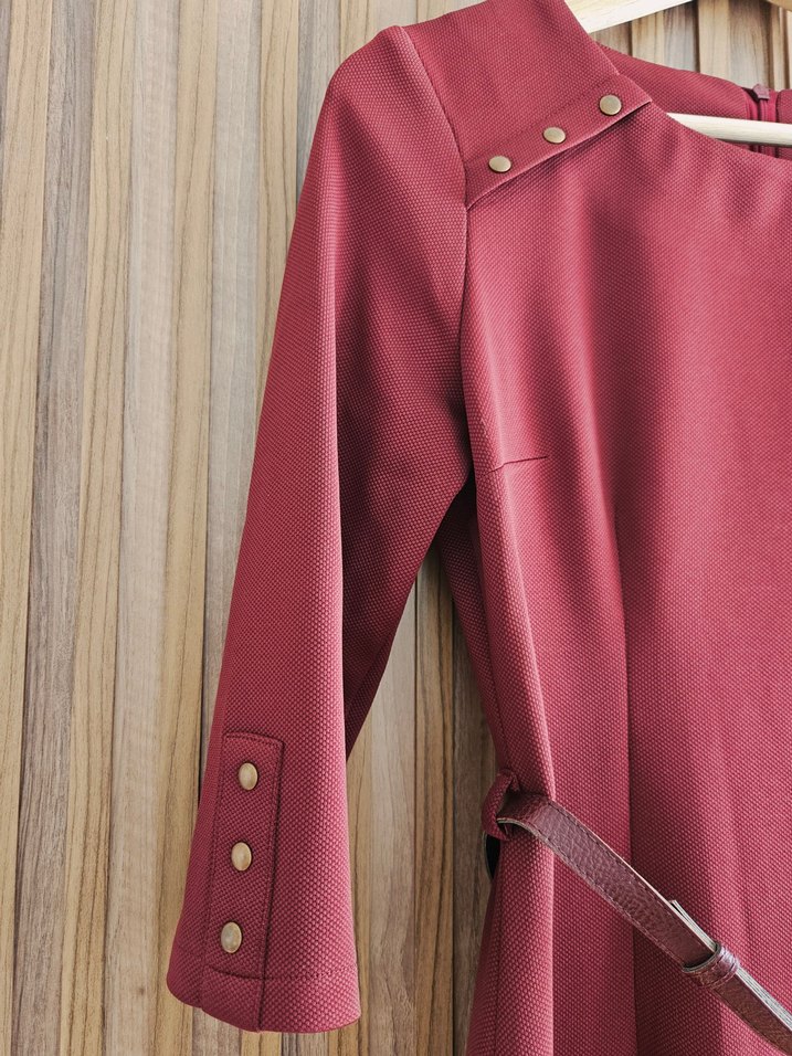 Klasik Midi Boy Kırmızı Bordo Elbise - Görsel 3