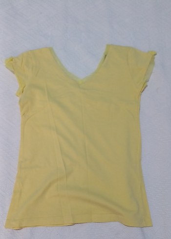 Kız Çocuk Sarı V Yaka Kısa Kollu Keten Tişört - Görsel 2