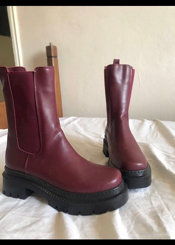Bordo Deri Platform Topuklu Kadın Bot