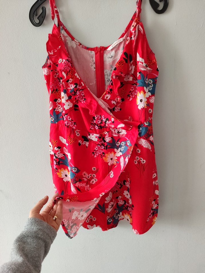 Çiçek Desenli Kırmızı Mini Tulum - Görsel 2