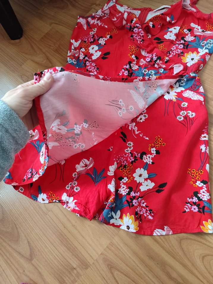 Çiçek Desenli Kırmızı Mini Tulum - Görsel 4