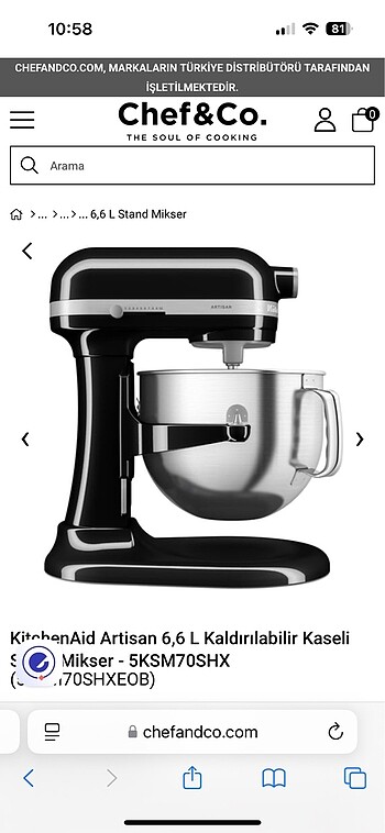KitchenAid Artisan uyumlu kaldırılabilir kase ve 4 parça aksesua