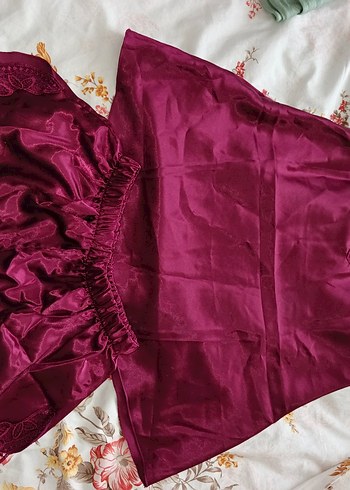 Bordo Parlak Saten Bohem Kadın Pijama Takımı
