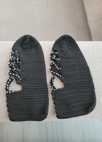 Diğer Gri İşlemeli Örgü Kadın Terlik