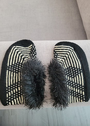 Diğer Siyah Gri Örgü Kadın Terlik Zebra Desenli