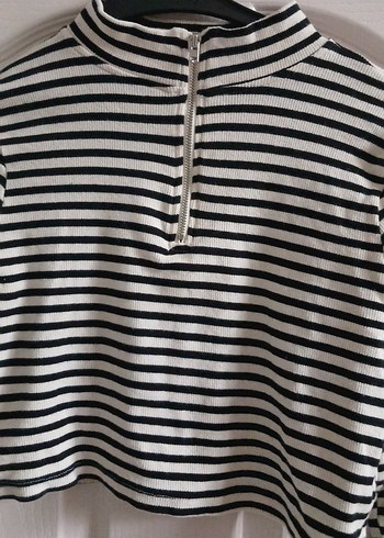 Uzun Kollu Fermuarlı Çizgili Kadın Kazak - Görsel 3