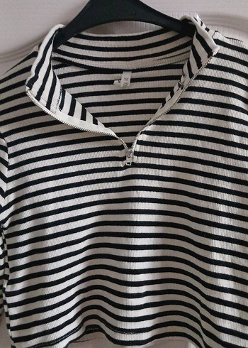 Uzun Kollu Fermuarlı Çizgili Kadın Kazak - Görsel 7