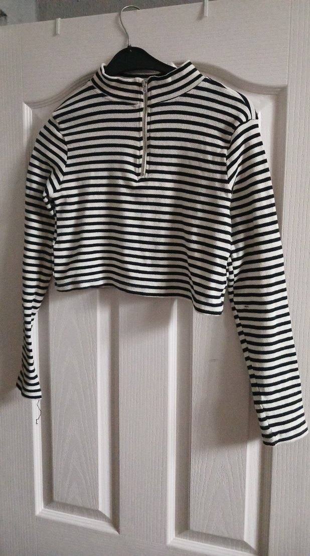 Uzun Kollu Fermuarlı Çizgili Kadın Kazak - Görsel 2