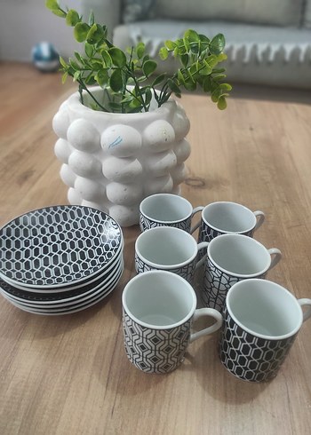 Gri Desenli 6'lı Kahve Fincanı ve Tabak Seti