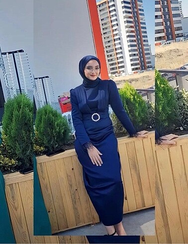 Lacivert kalem saten elbise