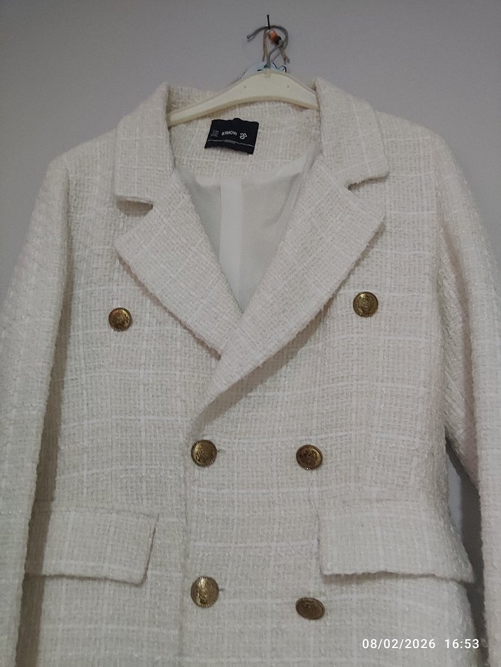 gold Düğmeli tüvit ekru Kadıni Blazer - Görsel 2