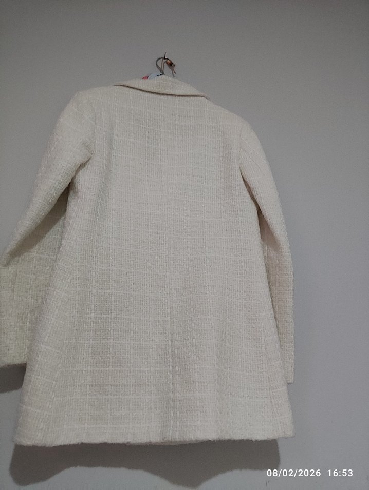 gold Düğmeli tüvit ekru Kadıni Blazer - Görsel 4