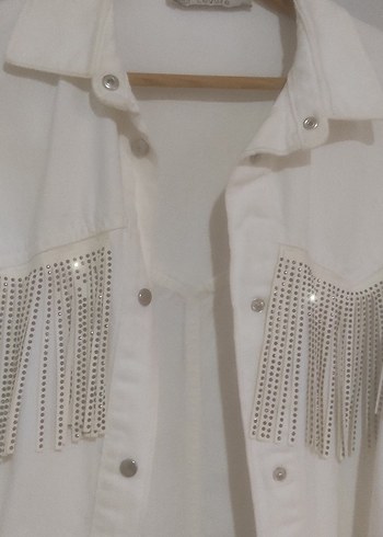 Kadın Beyaz püskülü Pamuklu Denim Ceket - Görsel 2