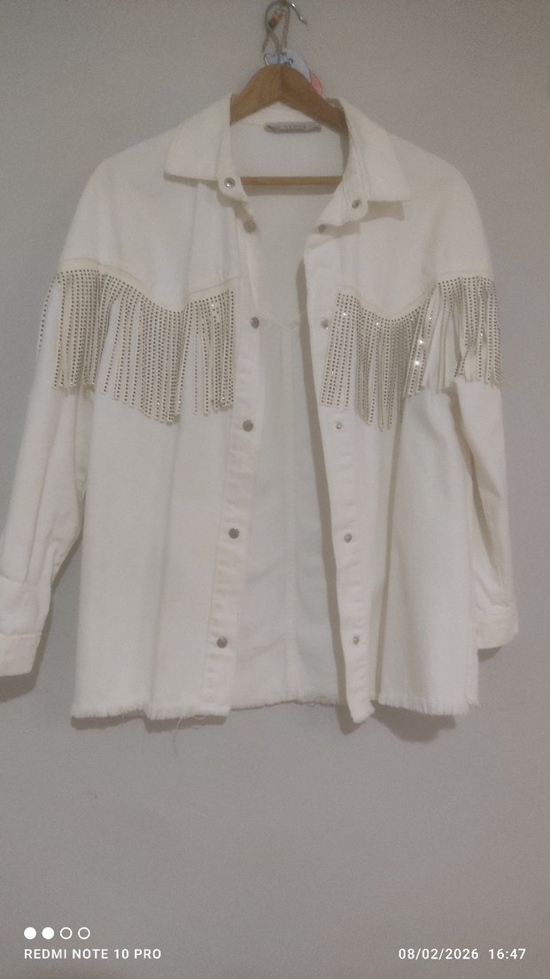 Kadın Beyaz püskülü Pamuklu Denim Ceket - Görsel 3
