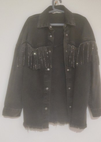 antrasit Düğmeli püskülü Kadın Denim Ceket - Görsel 3