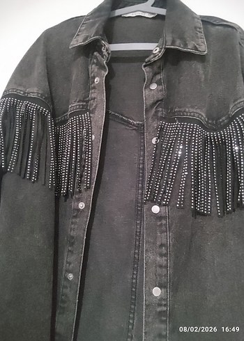 antrasit Düğmeli püskülü Kadın Denim Ceket - Görsel 2