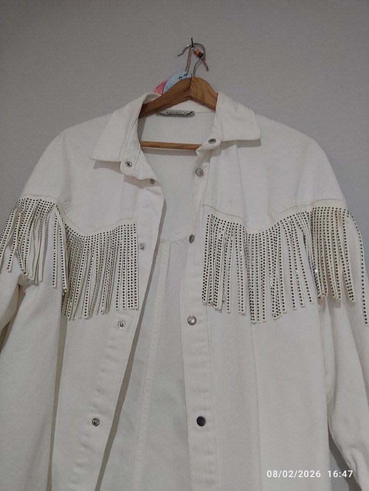 antrasit Düğmeli püskülü Kadın Denim Ceket - Görsel 4