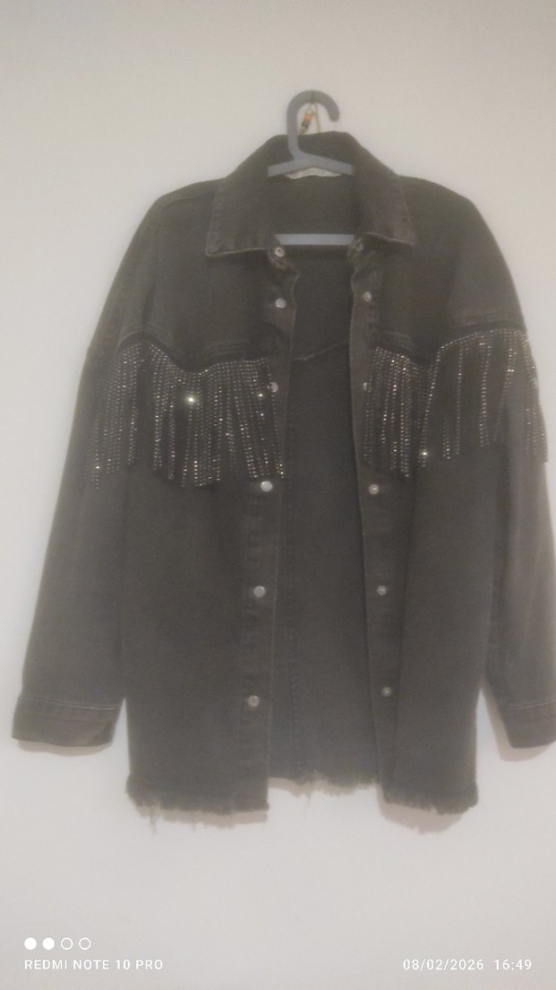 antrasit Düğmeli püskülü Kadın Denim Ceket - Görsel 3