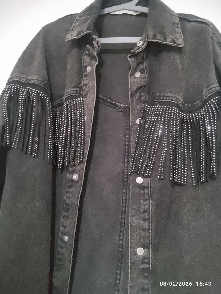 antrasit Düğmeli püskülü Kadın Denim Ceket - Görsel 2