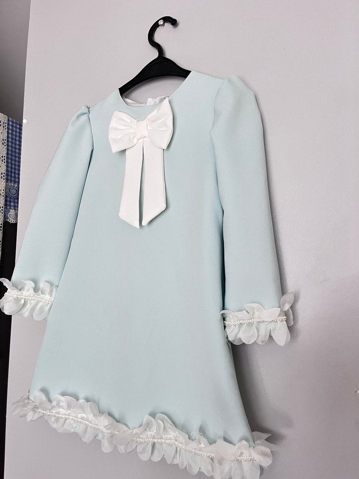 Uzun Kollu Mavi Kız Çocuk Elbise - Görsel 2