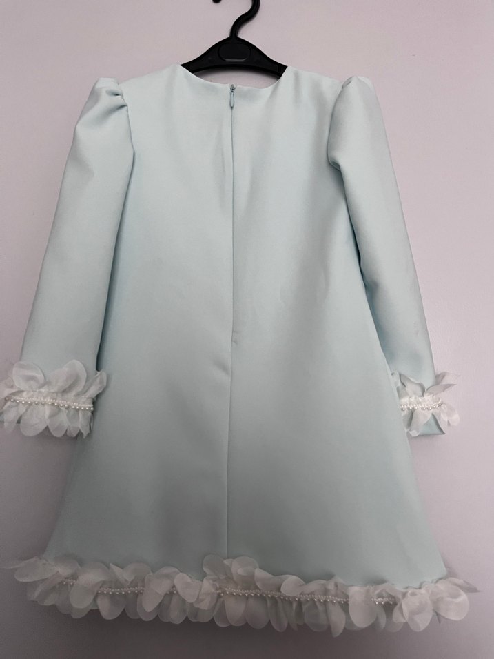 Uzun Kollu Mavi Kız Çocuk Elbise - Görsel 5