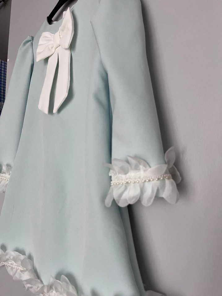 Uzun Kollu Mavi Kız Çocuk Elbise - Görsel 4