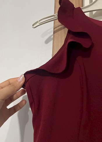 Bordo Fırfırlı Midi Abiye Elbise - Görsel 6