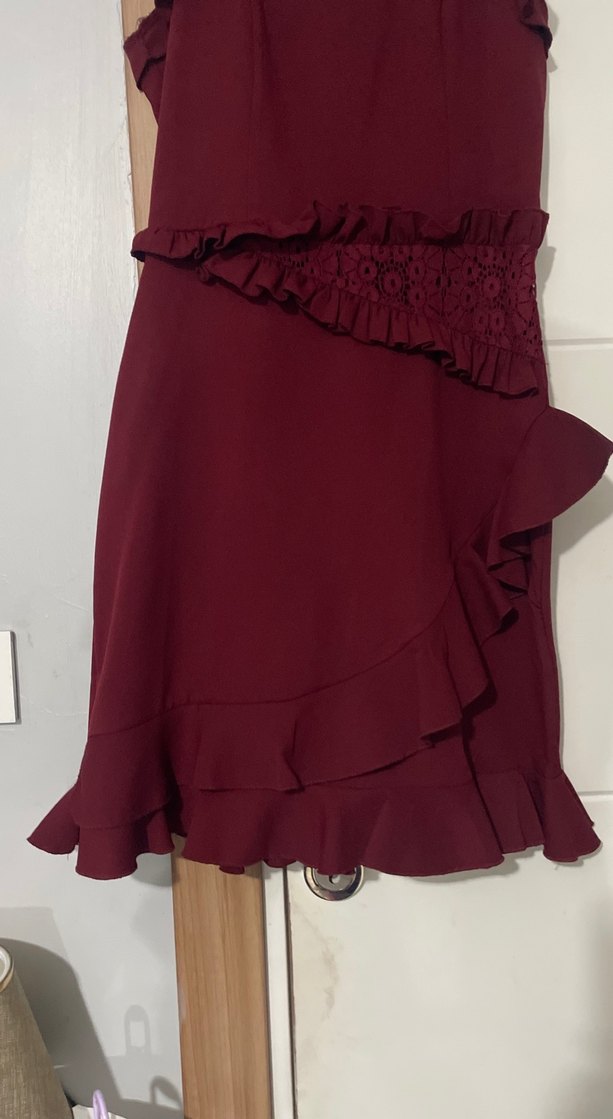 Bordo Fırfırlı Midi Abiye Elbise - Görsel 2