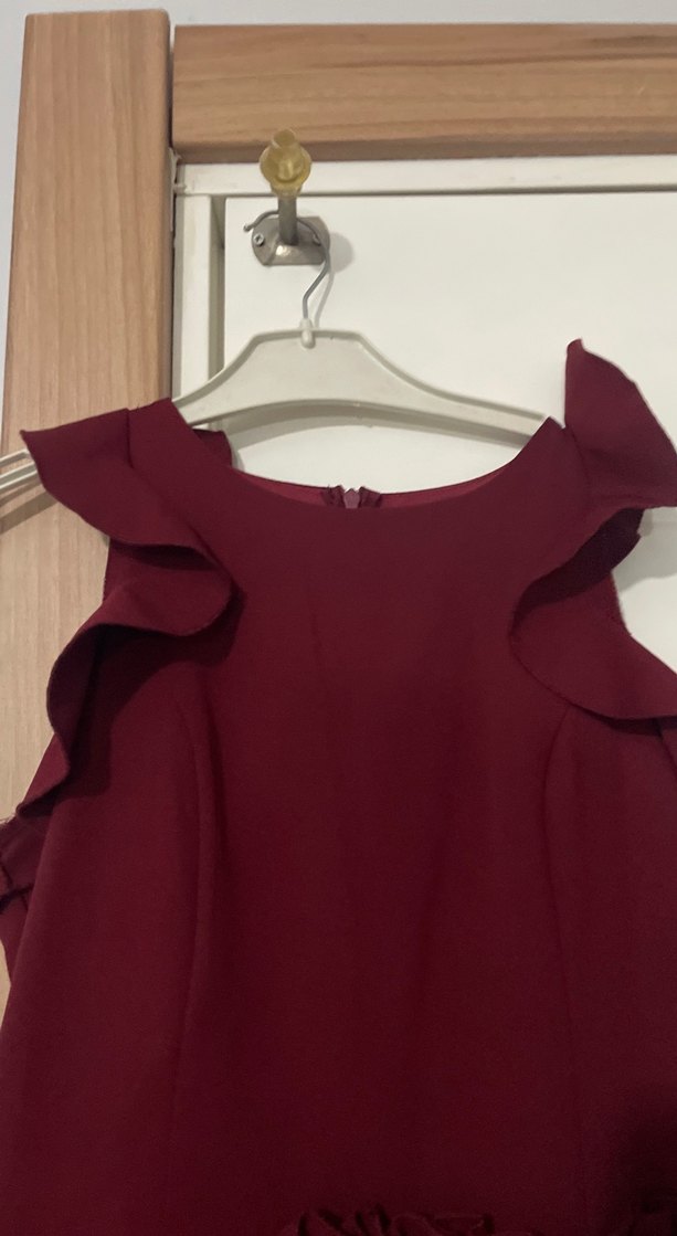 Bordo Fırfırlı Midi Abiye Elbise - Görsel 4