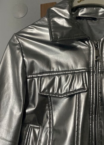 Gri Parlak Deri Kadın Ceket - Görsel 4
