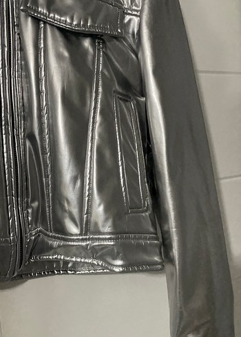 Gri Parlak Deri Kadın Ceket - Görsel 6