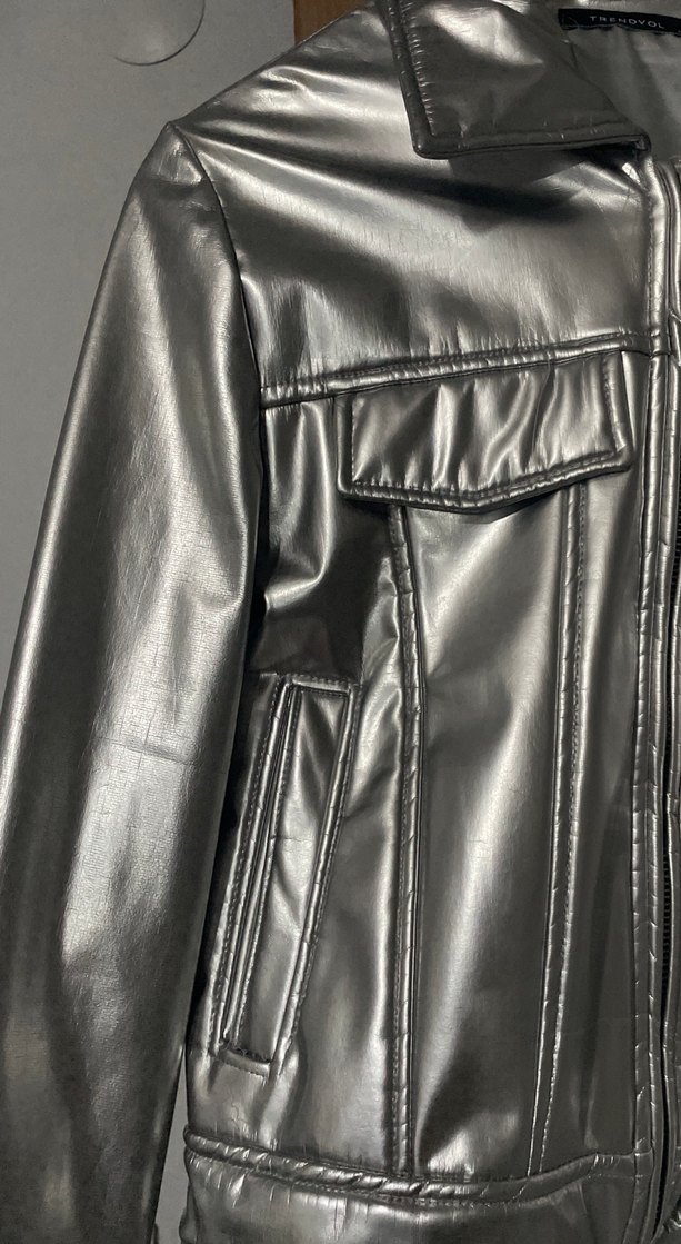Gri Parlak Deri Kadın Ceket - Görsel 5