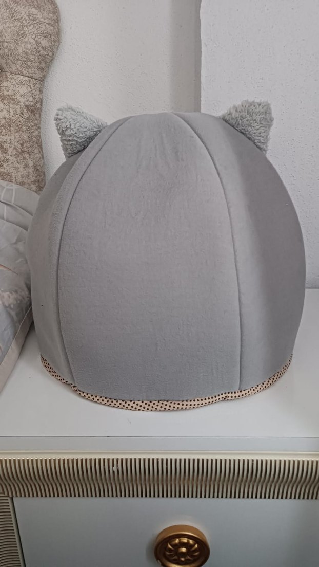 Gri Peluş Kedi Yatağı Kulaklı - Görsel 2