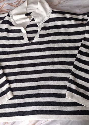 Çizgili Polo Yaka Kadın Kazak - Görsel 2