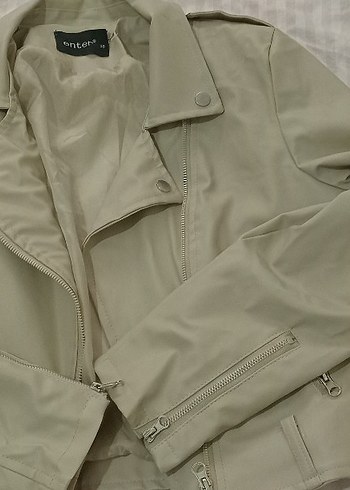 Bej Kadın Deri Ceket Düğmeli Midi Boy - Görsel 3