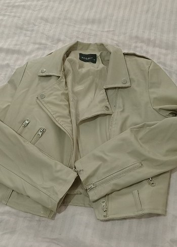 Bej Kadın Deri Ceket Düğmeli Midi Boy - Görsel 2