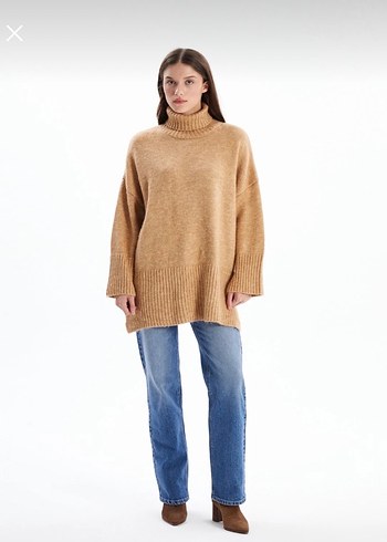 Bej Balıkçı Yaka Kadın Örgü Yün Kazak - Görsel 2