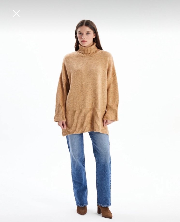 Bej Balıkçı Yaka Kadın Örgü Yün Kazak - Görsel 2