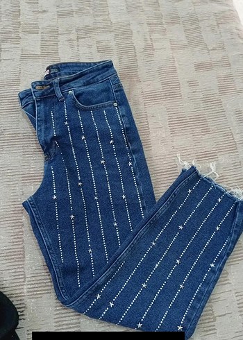 Payetli Nakışlı Mavi Kadın Kot Pantolon